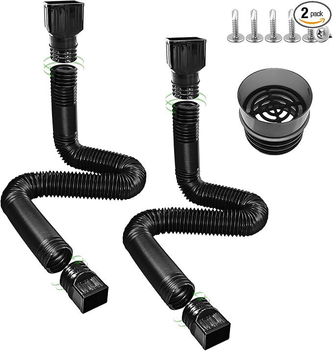 2 Pack Gutter Downspout Extensions 138" with Filter, Corrugated Flexible Gutter Pipe, Rain Diverter, Down Spout Drain Extension, Extendable from 31.5" to 138", Screws for Included, Black
