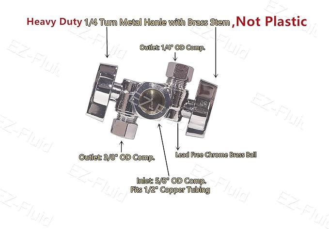 EZ-Fluid 5/8" Comp O.D X 1/4" Comp X 3/8" Comp 1/4 Turn Double Metal Two Handles Dual Outlet Brass Angle Stop Valve Water Shut Off Ball Valve For Water Pipes LF,Faucet Toilet,Dishwasher,Filter(1)