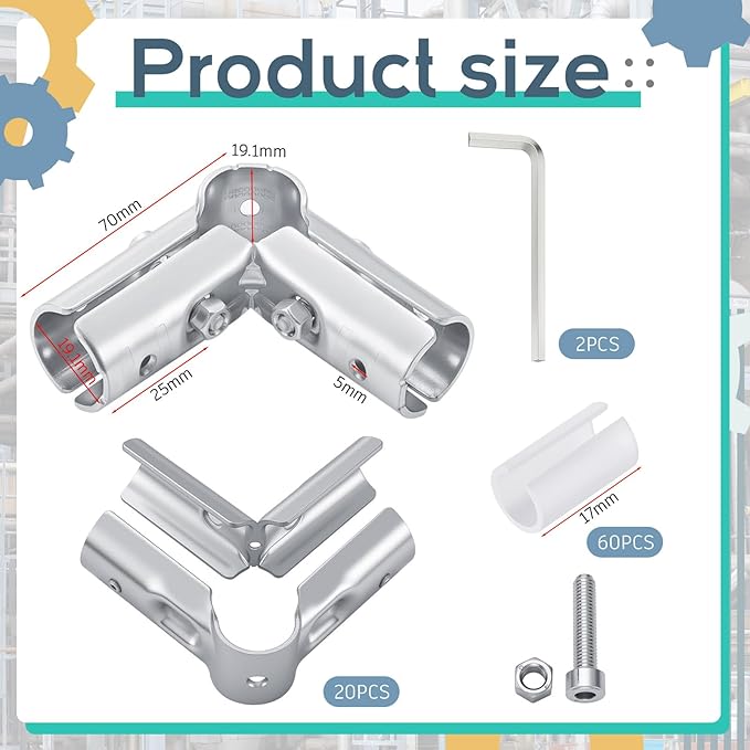 Shimeyao 20 Set 90 Degree Pipe Connector Clamps Pipe Connector Tee Clamp Fittings Bulk Fit OD 19.1 mm Stainless Steel Pipe 1/2" EMT with 2 Wrench 60 PE Adapter Shims Electrical Conduit Fittings