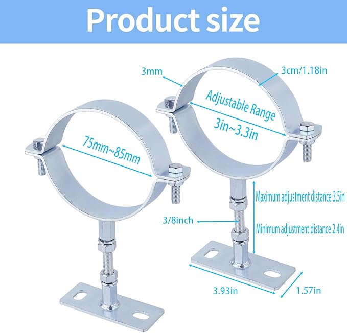 2 Pcs 3 Inch Adjustable Pipe Bracket, Heavy Duty Galvanized Steel Split Ring Hanger，Chimney Adjustable Wall Strap，Pipe Bracket Clamp Strap，chimney pipe support bracket