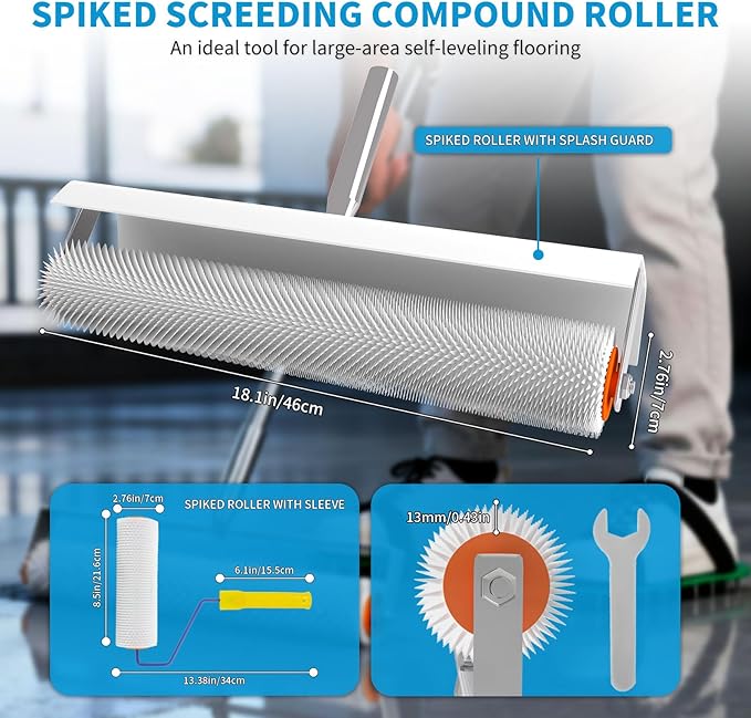 Complete Self Leveling Cement Tool Kit, Professional Epoxy Floor Kit Tools with Spiked Roller with Splash Guard, Spike Shoes, Paint Roller, Trowel, Scraper & Extension Pole