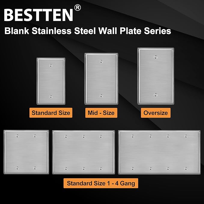 [10 Pack] BESTTEN No Device Stainless Steel Wall Plates with Ｗhite or Clear Plastic Film, Blank Metal Outlet Cover, Durable Corrosion-Resistant Industrial Grade Materials, H4.53” x W2.76”