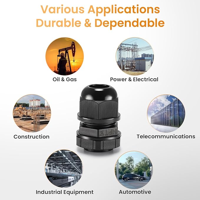 QILIPSU 12pcs 1/2" NPT Cable Gland Waterproof IP68 Nylon Cable Pass Through Cord Grip Connector Strain Relief Wire Grommet