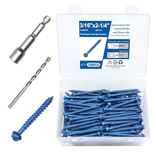 100PCS Concrete Screws Assortment Kit, 3/16" x 2-1/4" Masonry Screws with Drill Bit and Driver Bit, Hex Head Cement Screws and Anchor, Diamond Point, Self Tapping Concrete Brick or Stucco, Blue Coated