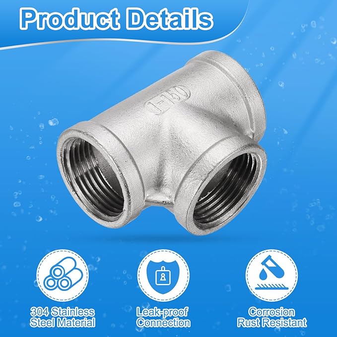 uxcell 304 Stainless Steel Tee Pipe Fittings G1" Female Tee Adapter 3 Way t Shaped Cast Pipe Fitting Connector with Seal Tape for Plumbing Drainage Pipes Heating Systems