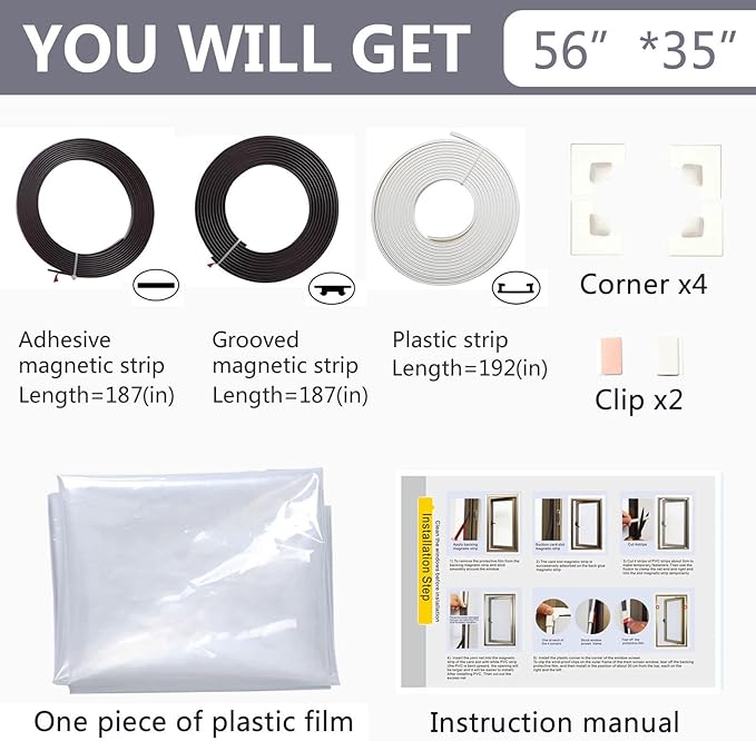 DIY Magnetic Window Insulation kit Transparent Film with White Frame Max 56"X35" Fits Any Size Smaller Coverings to Keep Cold Out Storm Warm in Winter
