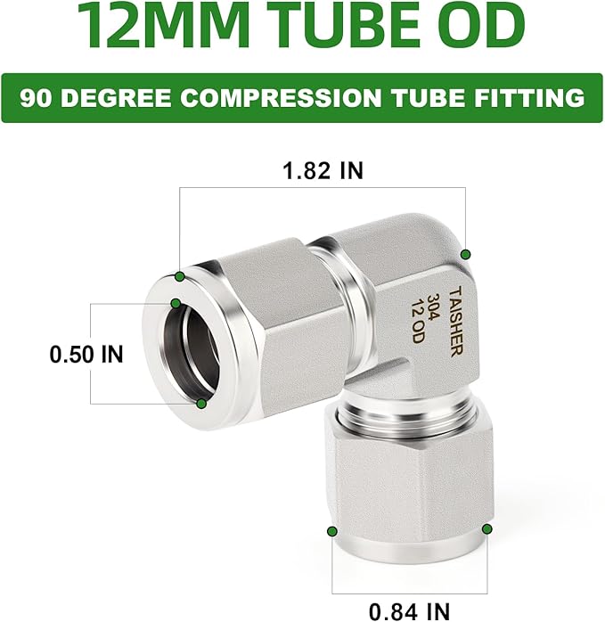 TAISHER 1PCS 304 Stainless Steel 90 Degree Compression Tube Pipe Fitting Connector, 12MM Tube OD x 12MM Tube OD Adapter
