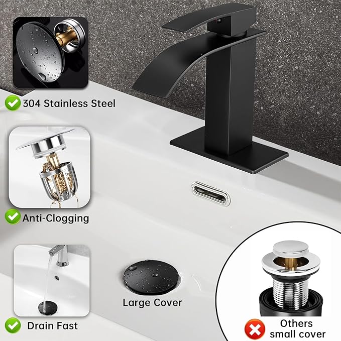 Bathroom Sink Drain Kit with Flexible Expandable Pipe: Odor-Free & Backflow-Preventing, Space-Saving Design without a P-trap, For 1-1/4'' & 1-1/2'' Drain Hole (Black, Without Overflow)