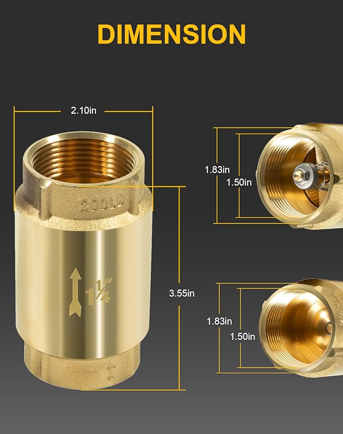 In-Line Check Valve No-Lead Brass Backflow Prevention One Way Check Valves 1-1/4" Female Pipe Thread for most pumps, 1.25'' FNPT × 1.25'' FNPT