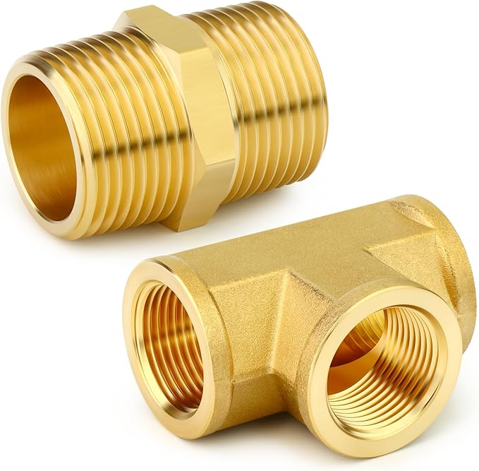 GASHER 4PCS Brass Tee Pipe Fittings, 1/2" NPT Female x 1/2" NPT Female x 1/2" NPT Male Pipe Fittings, Male Run Tee