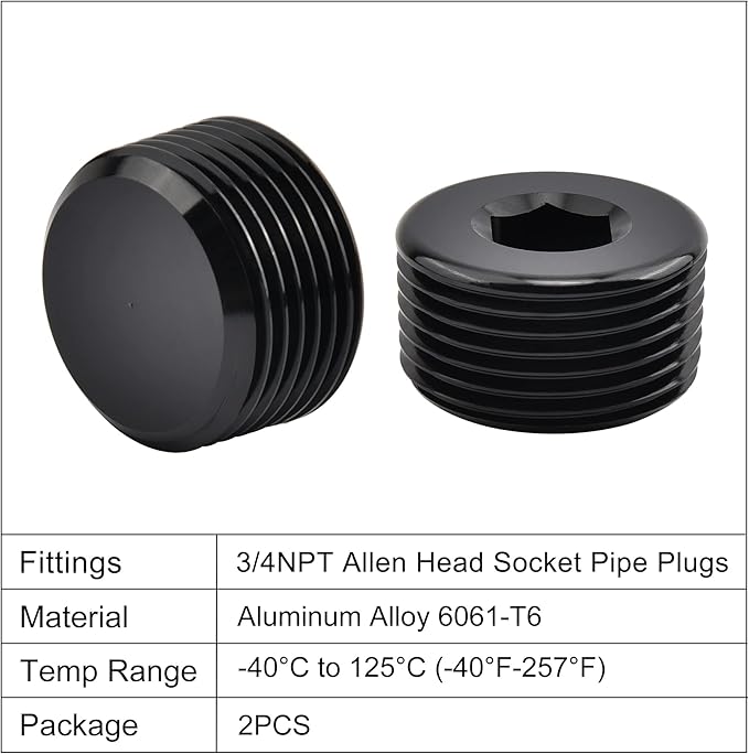 EVIL ENERGY 3/4" NPT Plugs Aluminum Socket Allen Head Black, Pack of 2