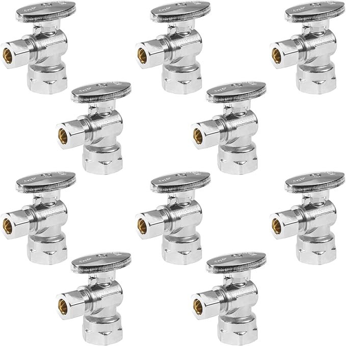 Angle Stop Valve,1/2" FIP Iron Pipe x 3/8" Compression Chrome Angle Shut-off Valve with 1/4 Turn (Pack of 10)(VALVE054-10Pack)