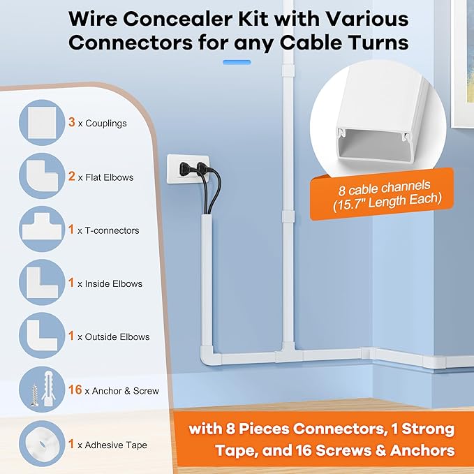 126in Cord Hider Kit, ZhiYo Wire Hiders for TV on Wall, Paintable Cable Management Kit, Wire Cover for Wall Mount TV, White Cable Raceway, Cord Cover Wire Management Kit, 8 x L15.7in W1.18in H0.67in