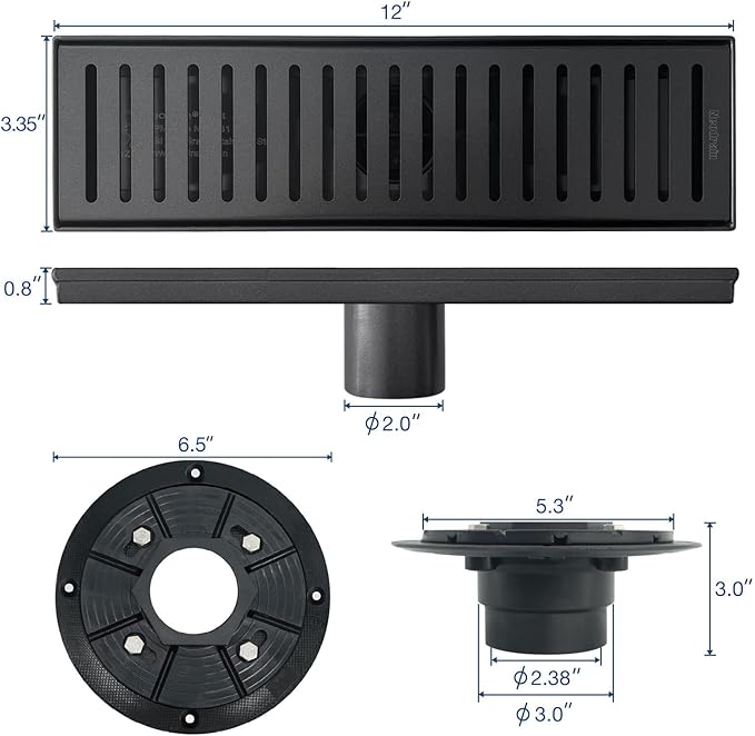 Neodrain 12-Inch Linear Shower Drain with Removable Capsule Pattern Grate, Black Color with Shower Drain Base,304 Stainless Steel Shower Floor Drain, with Hair Strainer