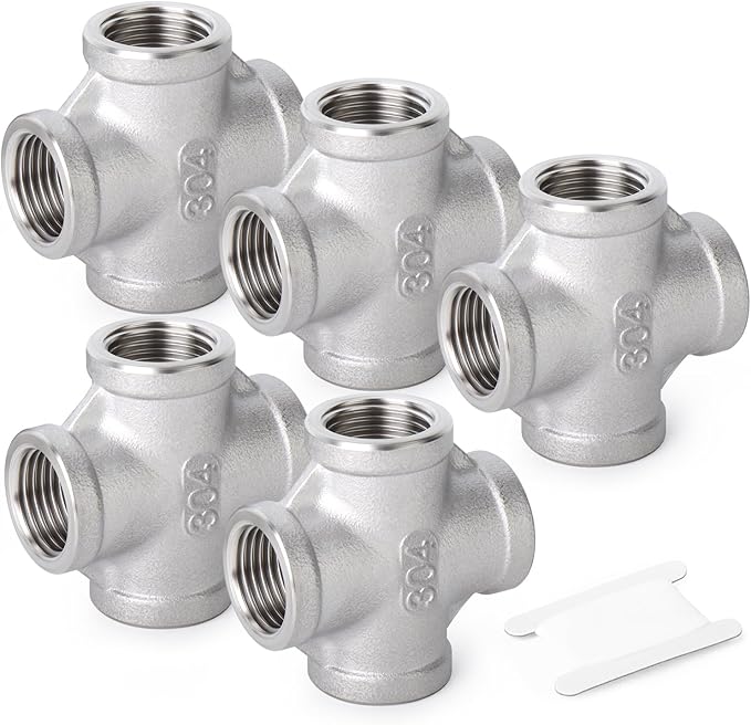 TAISHER 5PCS Stainless Steel 4 Way Pipe Fittings, 1/2" x 1/2" x 1/2" x 1/2" NPT Female Pipe Fittings