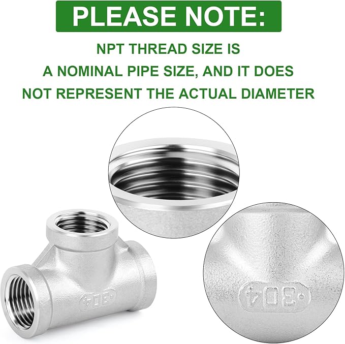 TAISHER 5PCS Stainless Steel Tee Pipe Fittings, 1/2" x 1/2" x 1/2" NPT Female Pipe Fittings