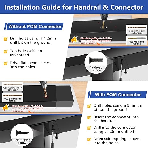 4Pack 8FT T304 Stainless Steel Handrails Black with Extension Connectors End Cap Kits for Cable Railing System Posts Kit, Cuttable Rectangular Handrails Flat Top Rail - 2.36" W x 1.18" H