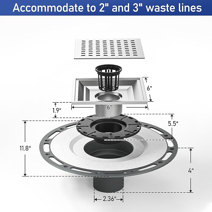 Square Shower Drain, 6" Brushed with PVC Bonding Flange Base 304 Stainless Steel Drain Grate Removable with Stainless Drain Key for Low Profile Shower Tiles, CUPC Certified