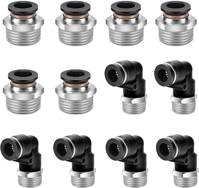 12 Pcs Push to Connect Fittings 3/8 Inch Tube OD x 1/2 Inch NPT Thread Pneumatic Male Straight and Elbow Quick Connect Air line fittings