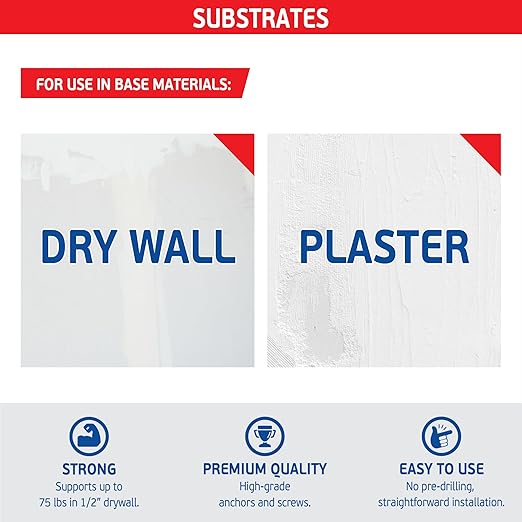 Plaster Bite Self-Drilling Drywall Anchor Kit Includes 50 Nylon & 50 Zinc Anchors w/ 100 Screws – Heavy DutyHollow Wall Anchor Kit for 3/8", 1/2", 5/8" Drywall – 75 lbs Holding Strength