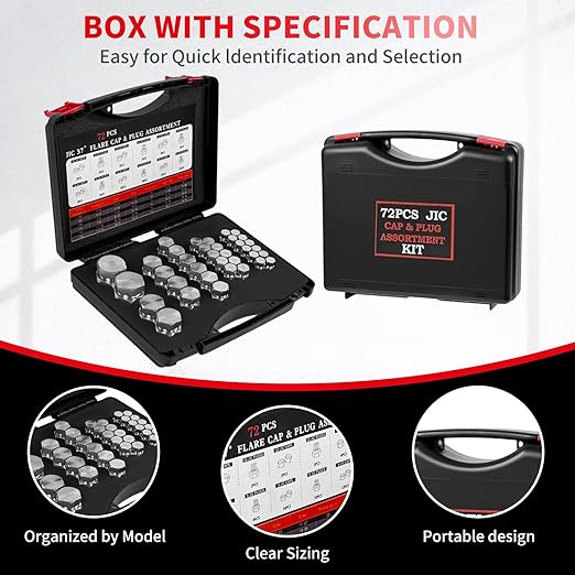 72PCS JIC Cap and Plug Set, 37 Degree Flare Thread Cap & Plug Assortment Set, Capping Off Hydraulic Lines, Carbon Steel, Size 4 6 8 10 12 16