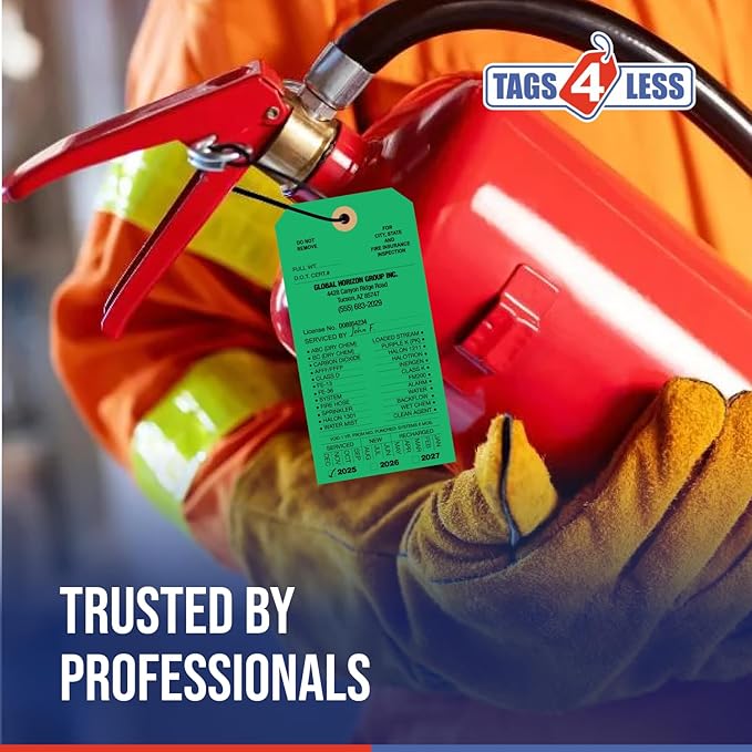 Tags 4 Less Custom Fire Extinguisher Tags – Preventative Maintenance Labels for Monthly Inspections, Alternative to Safety Sticker for Easy Record-Keeping – Pack of 100 (Dark Green, Cardboard)