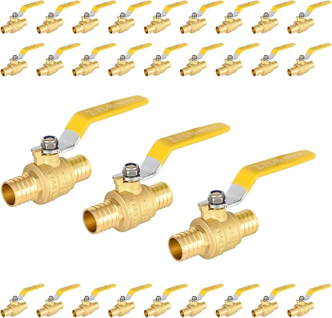 30-Pack Foskan 1 Inch PEX Crimp Full Port Ball Valve with Yellow Handle, Brass Quarter Turn Shut-off Valve for PEX Tubing