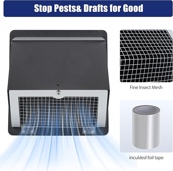 6 Inch Dryer Vent Cover Outside, Black Wall Dryer Vent Cap, No-Pest Metal Vent Covers for House Exterior