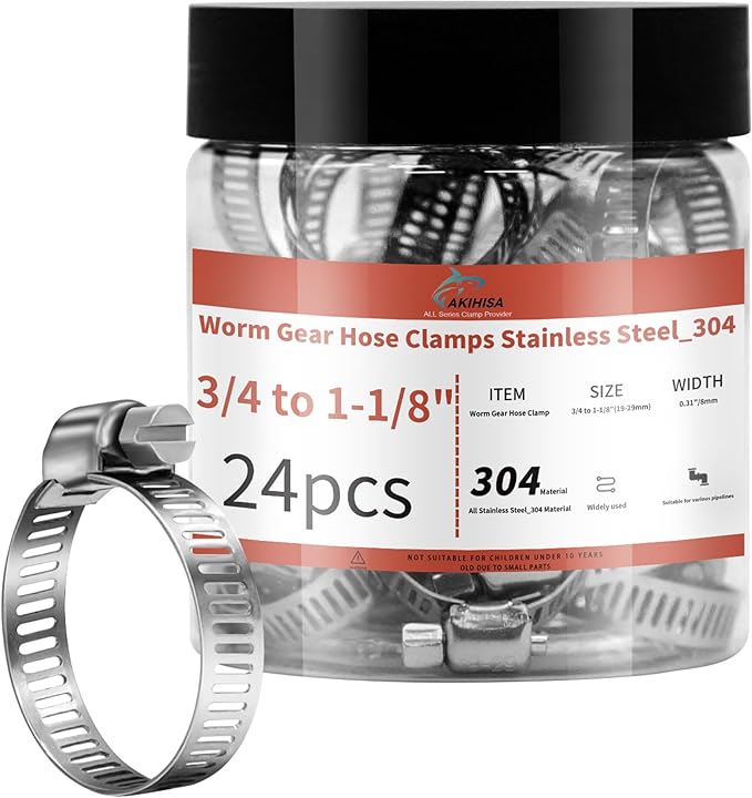 24 Pack 3/4" - 1 1/8" Worm Gear Hose Clamps, Adjustable Range 19-29mm 304 Stainless Steel Fuel Line Hose Clamps for Pipe, Plumbing, Automotive and Mechanical Application