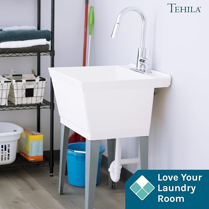 White Utility Sink Laundry Tub with High Arc Chrome Faucet for Laundry Room Basement, Garage, Shop