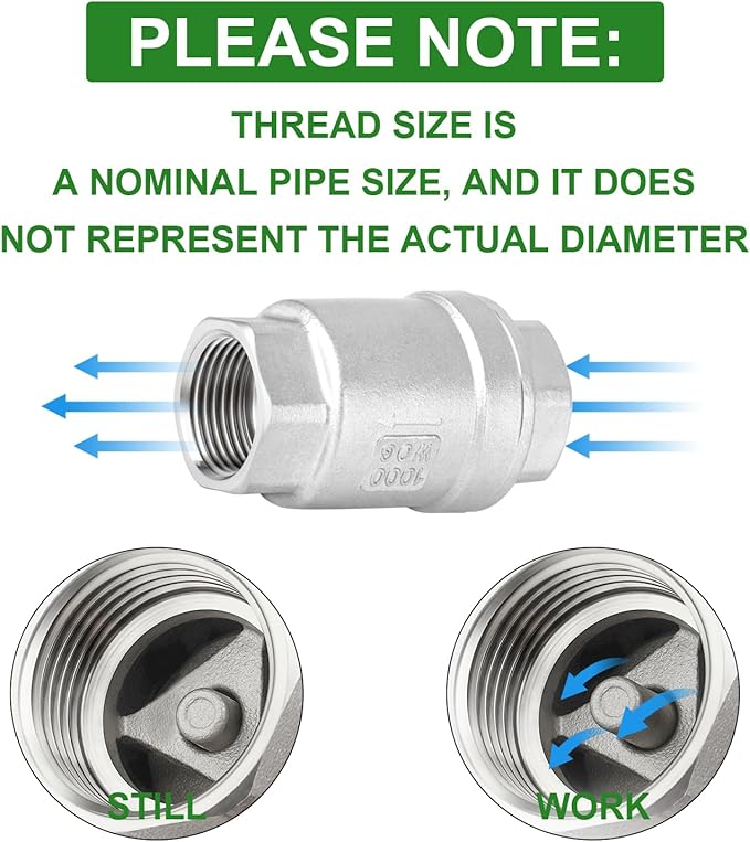 TAISHER 2PCS 304 Stainless Steel 1/4" Female Vertical Check Valve，Backflow Prevention, One Way Spring Check Valves CF8 WOG 1000