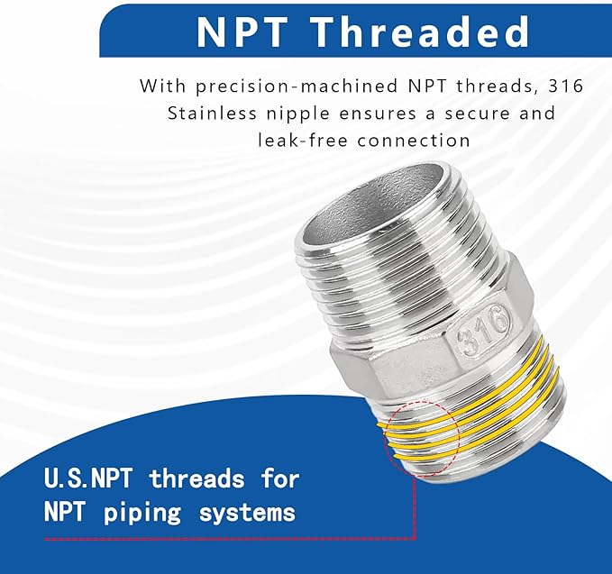 3/4" Male to 3/4" Male Hex Nipple Adapter, 316 Stainless Steel 3/4 Inch NPT Threaded Pipe Fitting, Heavy Duty Coupling for Plumbing Systems, Oil, Gas & Steam (2-Pack)