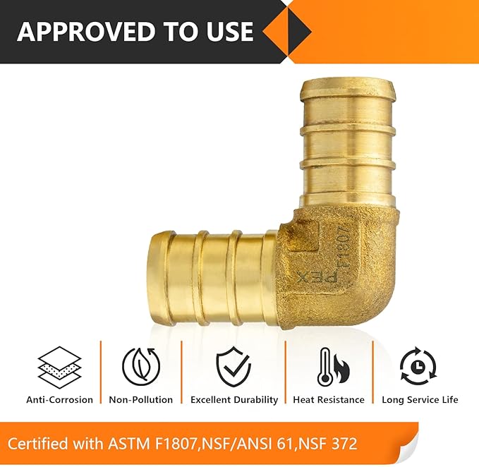 HeSun 50-Pack PEX Fittings, 1/2"x1/2" Pex Elbow, Brass Crimp Fitting for Pex Pipes, ASTM F1807