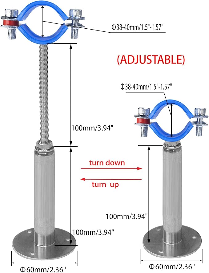 Wall Mount Ceiling Mount Pipe Supports,Adjustable Pipe Clamps Stainless Steel 304,2PCS Suitable for Pipe OD 38-40mm Adjustable Height 100-200mm