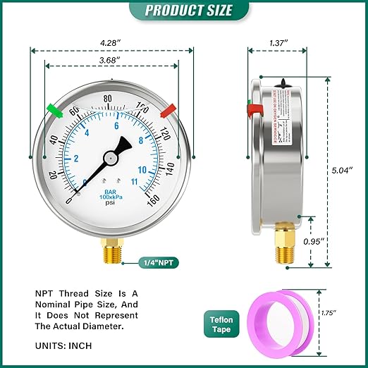 0-160PSI Stainless Steel Liquid Filled Pressure Gauge, 4" Dial Size, 1/4" NPT Lower Mount, for Tube, Water Pump, Gas, Liquid, Pressure Test (with Range Mark Pointer)