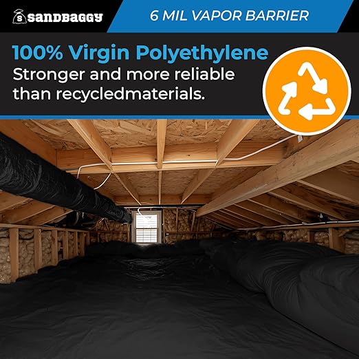 Sandbaggy 20 ft x 100 ft Vapor Barrier 6 Mil | Polyethylene | Black Plastic Sheeting Rolls | Moisture Barrier for Crawl Spaces, Concrete and Laminate Underlayment, Walls (25 Rolls)