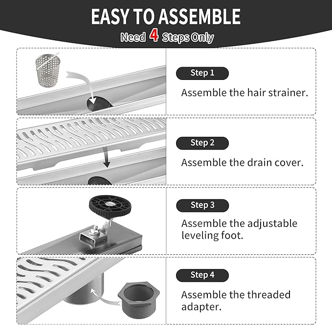 Linear Shower Drain 28 inch, Floor Drain with Removable Pattern Grate, 304 Stainless Steel Rectangular Linear Drain with Hair Strainer, CUPC Certified, Brushed Nickel, SD-103