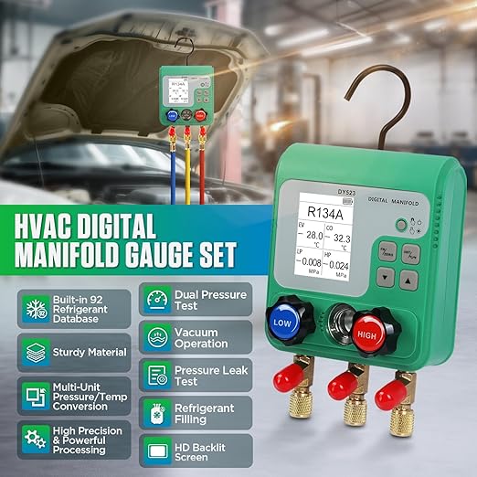 Digital Manifold Gauges HVAC, 92 Refrigerant Dual Pressure & Vacuum Test HVAC Gauges with Hoses R22 R134a R410a Refrigerant Gauge Set with 1/4" SAE Interface, Portable Hook