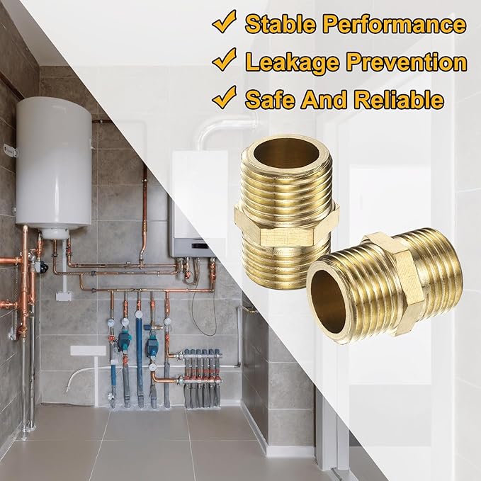 PATIKIL Brass Pipe Fitting, 2Pcs 1/2" BSP Male x 1/2" BSP Male Thread Connector Brass Hex Nipple Pipe Fitting Adapter for Gas Water Refrigeration System Conversion