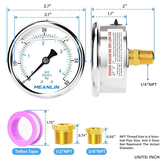 MEANLIN MEASURE 0~60Psi Stainless Steel 1/4" NPT 2.5" FACE DIAL Liquid Filled Pressure Gauge, Pool Sand Filter Pressure Test Center Back Mount, with 1/2" NPT and 3/8" NPT Hex Bushing