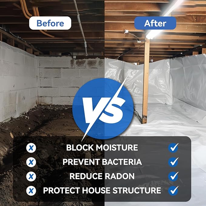 White Crawl Space Vapor Barrier, 10 Mil Vapor Barrier, 10' x 30', Heavy Duty Polyethylene Film, Thick Plastic Sheeting, Plastic Drop Cloth Covering for Crawl Space