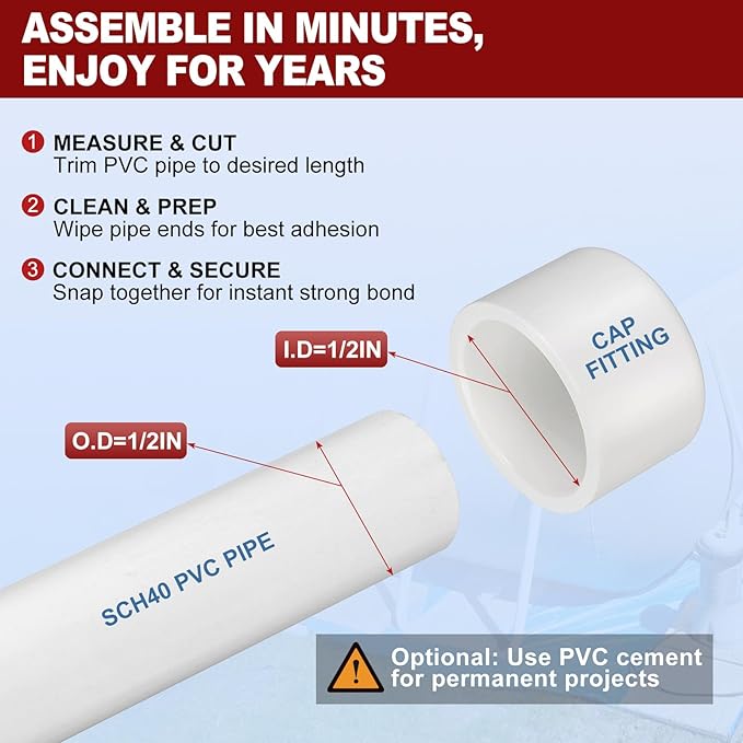 10 Pcs 1/2" PVC External End Cap Fitting, SCH40 Furniture Grade PVC Pipe Plug Adapter, Pipe Cover Fittings for DIY Project, Irrigation System, Plumbing Framework, Garden Structures