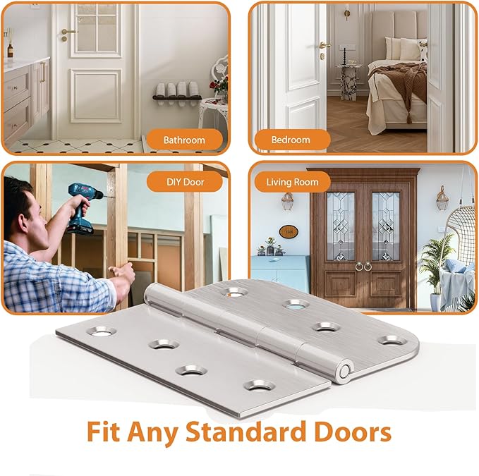 24 Pack Brushed Nickel Door Hinges, 4 Inch Heavy Duty Hinges with 5/8" Radius & Square Corners, Satin Finish, Removable Pin, Quiet for Interior & Exterior Doors