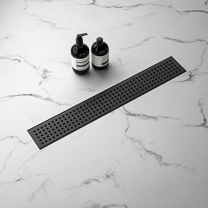 Linear Shower Drain 24", 304 Stainless Steel Floor Drain w/Hair Strainer, Rectangular Shower Drain w/CUPC Certified, Matte Black