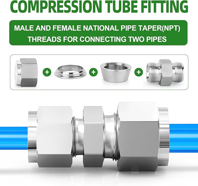 TAISHER 5PCS 304 Stainless Steel Compression Tube Pipe Fitting Connector, 1/2" Tube OD x 3/8" Tube OD Straight Adapter