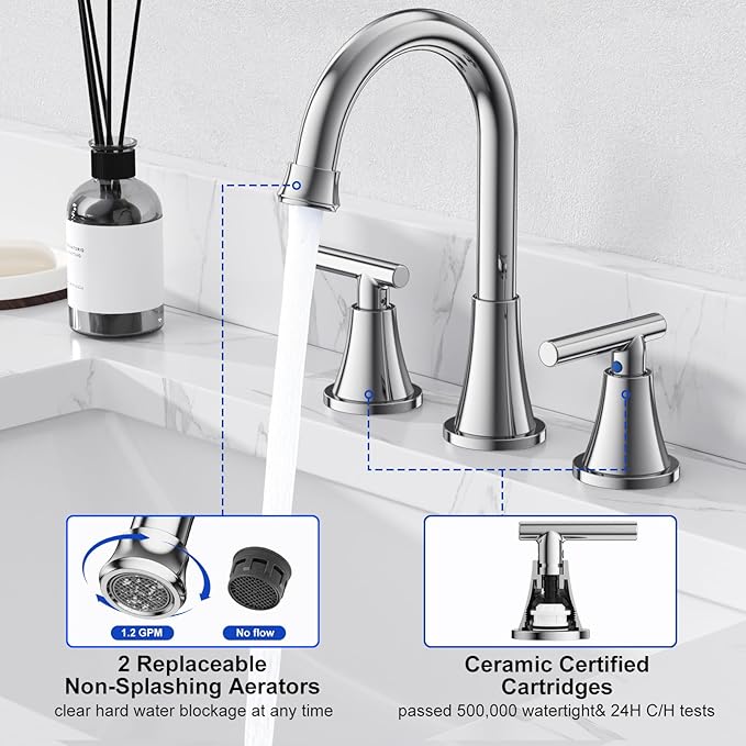 Bathroom Faucets for Sink 3 Hole, Hurran Chrome Bathroom Sink Faucet with Pop-up Drain and Supply Lines, Stainless Steel Lead-Free Widespread Faucet for Vanity RV Farmhouse Sink