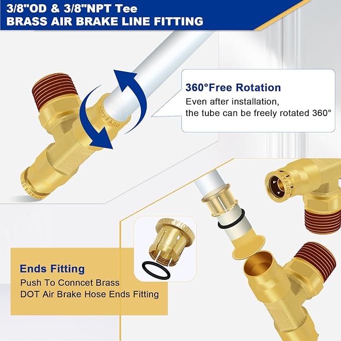 3/8" DOT Air Brake Fittings Tee, 3PCS Brass Push to Connect Fittings 3/8" Tube OD × 3/8" NPT × 3/8" Tube OD Tee Union to Male Pipe Swivel for Truck Trailers Air Brake System