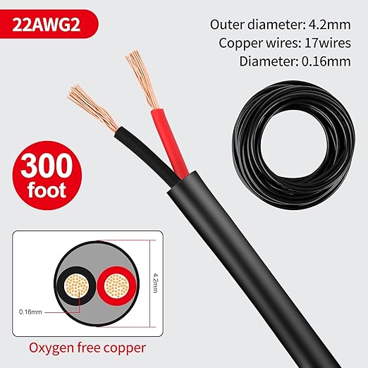 Lesnlok 22 Gauge Electrical Wire 2 Conductor 22 AWG Electrical Wire Stranded PVC Cord Oxygen-Free Copper Cable 300FT Pure Copper Hookup Wire Cord for LED Lamp Lighting Strips Automotive……