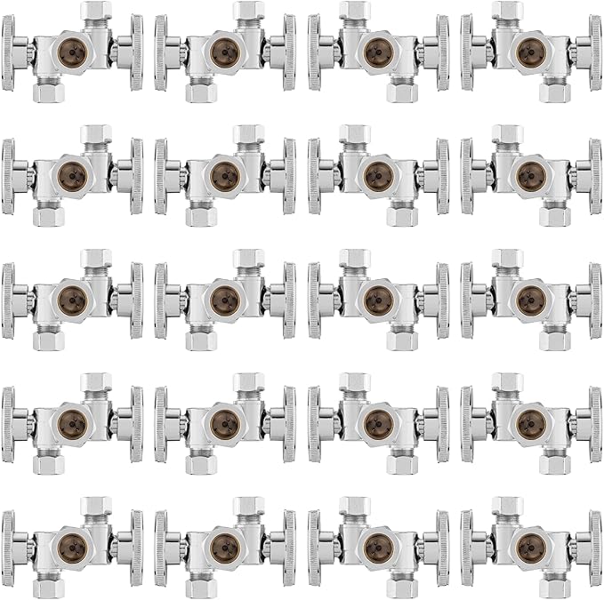 20-PCs HeSun Dual Shut Off Angle Valve, 1/2" Nominal (5/8"OD) x 3/8" OD x 3/8" OD Compression, 1/4-Turn Stop Valve with 2 Shut Offs, PEX Chrome Plated Brass(VALVE134-20)