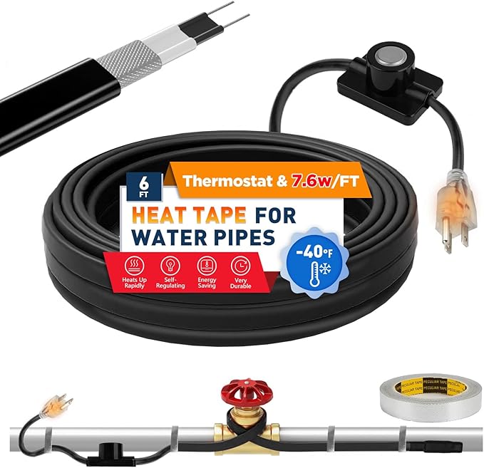 3~100FT Heat Tape for Water Pipes, UL & ETL Certified 6 FT Self-Regulating Pipe Heating Cable with Thermostat for Pipe Freeze Protection, Waterproof Heat Tape for Metal and Plastic Pipes,Black